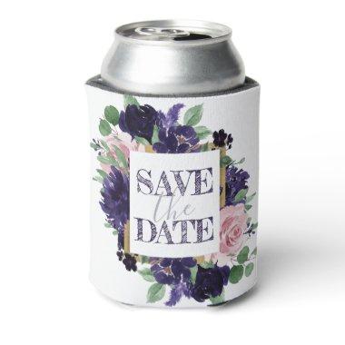 Lush Blossoms | Purple and Pink Rose Save the Date Can Cooler