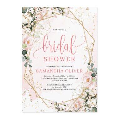 Lush blush pink floral gold frame bridal shower Invitations