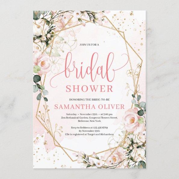 Lush blush pink floral gold frame bridal shower Invitations