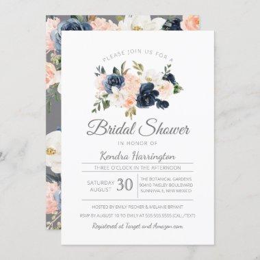 Lush Magnolia Floral Navy Blue Pink Bridal Shower Invitations