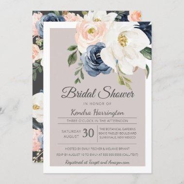 Lush Magnolia Rose Grey Navy & Blush Bridal Shower Invitations