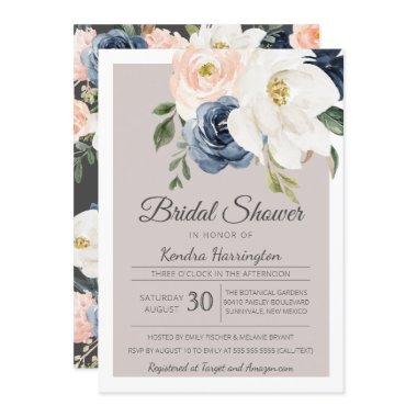 Lush Magnolia Rose Grey Navy & Blush Bridal Shower Invitations