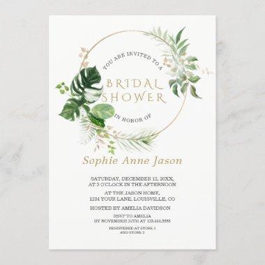 Lush Watercolor Greenery Gold Frame Bridal Shower Invitations