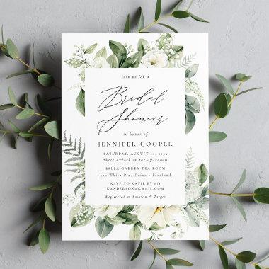 Lush White Flowers and Greenery Bridal Shower Invitations
