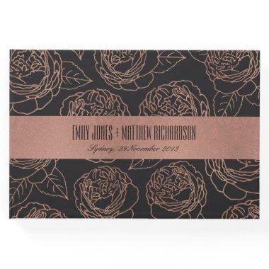 LUXE BLUSH PINK ROSE GOLD BLACK FLORAL WEDDING GUEST BOOK