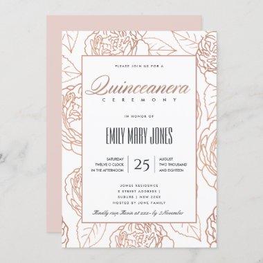 LUXE BLUSH PINK ROSE GOLD FLORAL QUINCEANERA Invitations