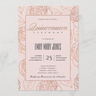 LUXE BLUSH PINK ROSE GOLD FLORAL QUINCEANERA Invitations