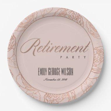 LUXE BLUSH PINK ROSE GOLD FLORAL RETIREMENT PAPER PLATES