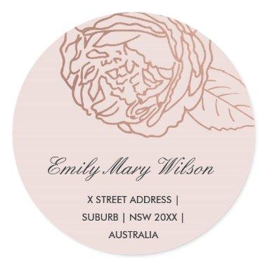 LUXE ELEGANT BLUSH PINK ROSE GOLD FLORAL ADDRESS CLASSIC ROUND STICKER