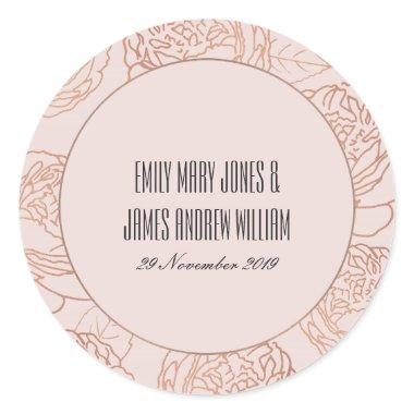 LUXE ELEGANT BLUSH PINK ROSE GOLD FLORAL WEDDING CLASSIC ROUND STICKER