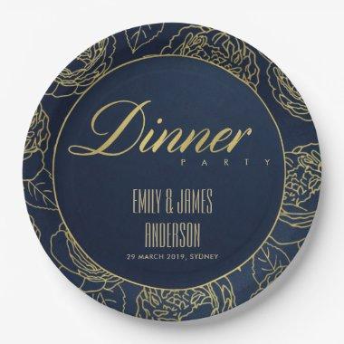 LUXE GOLD NAVY ELEGANT ROSE FLORAL DINNER PARTY PAPER PLATES