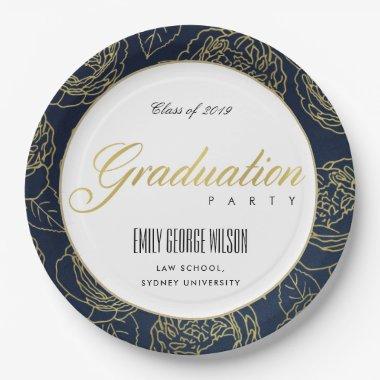 LUXE GOLD NAVY ELEGANT ROSE FLORAL GRADUATION PAPER PLATES