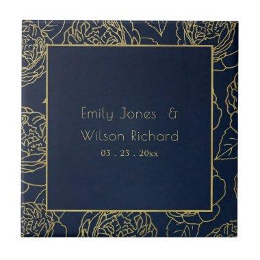 LUXE GOLD NAVY ELEGANT ROSE FLORAL SAVE THE DATE CERAMIC TILE