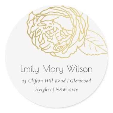 LUXE GOLD WHITE ELEGANT ROSE FLORAL ADDRESS CLASSIC ROUND STICKER