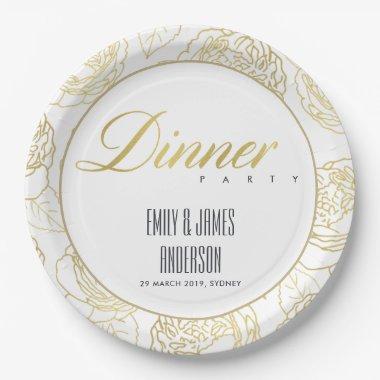 LUXE GOLD WHITE ELEGANT ROSE FLORAL DINNER PARTY PAPER PLATES