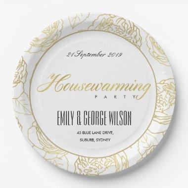 LUXE GOLD WHITE ELEGANT ROSE FLORAL HOUSEWARMING PAPER PLATES