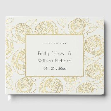LUXE GOLD WHITE NAVY ELEGANT ROSE FLORAL GUEST BOOK