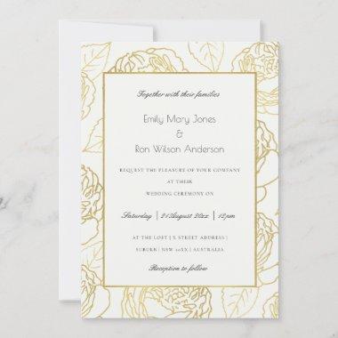 LUXE GOLD WHITE NAVY ELEGANT ROSE FLORAL WEDDING Invitations