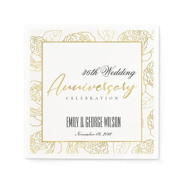LUXE GOLD WHITE ROSE FLORAL ANY YEAR ANNIVERSARY NAPKINS