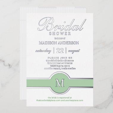 Luxe Monogram Chic Bridal Shower Green Silver Foil Invitations