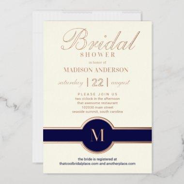Luxe Monogram Chic Bridal Shower Navy Rose Gold Foil Invitations