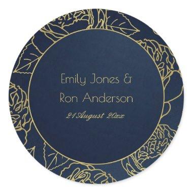 LUXE NAVY FAUX GOLD ELEGANT ROSE FLORAL WEDDING CLASSIC ROUND STICKER