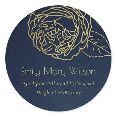 LUXE NAVY GOLD ELEGANT ROSE FLORAL ADDRESS CLASSIC ROUND STICKER
