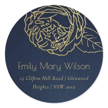 LUXE NAVY GOLD ELEGANT ROSE FLORAL ADDRESS CLASSIC ROUND STICKER