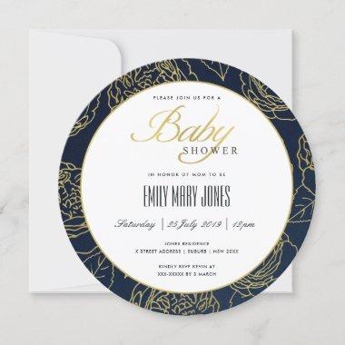 LUXE NAVY GOLD ELEGANT ROSE FLORAL BABY SHOWER Invitations