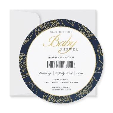 LUXE NAVY GOLD ELEGANT ROSE FLORAL BABY SHOWER Invitations