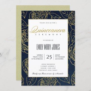 LUXE NAVY GOLD ELEGANT ROSE FLORAL QUINCEANERA Invitations