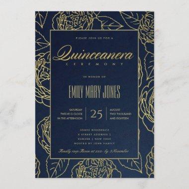 LUXE NAVY GOLD ELEGANT ROSE FLORAL QUINCEANERA Invitations