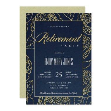 LUXE NAVY GOLD ELEGANT ROSE FLORAL RETIREMENT Invitations