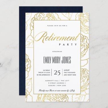 LUXE NAVY GOLD ELEGANT ROSE FLORAL RETIREMENT Invitations