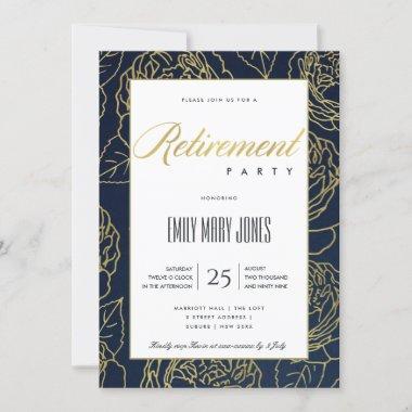 LUXE NAVY GOLD ELEGANT ROSE FLORAL RETIREMENT Invitations