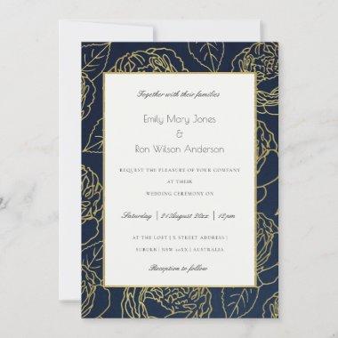 LUXE NAVY GOLD KRAFT ELEGANT ROSE FLORAL WEDDING Invitations