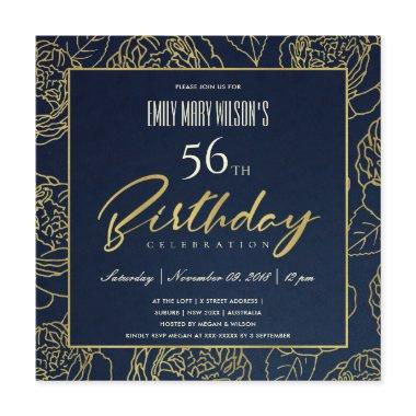 LUXE NAVY GOLD ROSE FLORAL ANY AGE BIRTHDAY Invitations