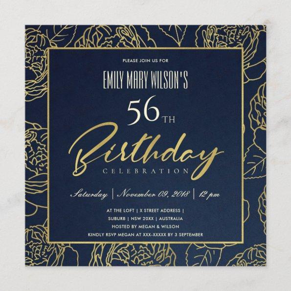 LUXE NAVY GOLD ROSE FLORAL ANY AGE BIRTHDAY Invitations