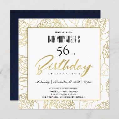 LUXE NAVY GOLD ROSE FLORAL ANY AGE BIRTHDAY Invitations