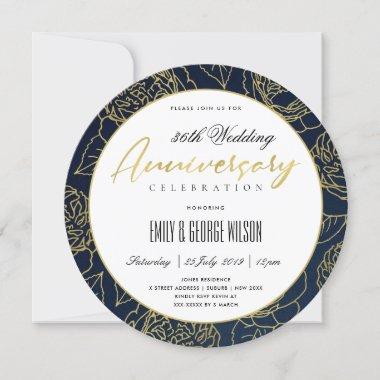 LUXE NAVY GOLD ROSE FLORAL ANY YEAR ANNIVERSARY Invitations