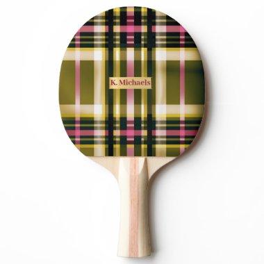 Luxe Personalized Olive Green, Gold & Pink Plaid Ping Pong Paddle