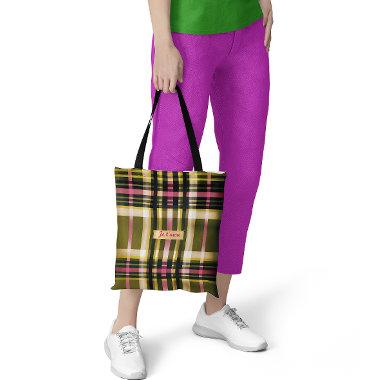Luxe Personalized Olive Green, Gold & Pink Plaid Tote Bag