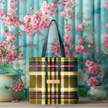 Luxe Personalized Olive Green, Gold & Pink Plaid Tote Bag