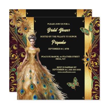 Luxurious peacock ballgown feather gold black chic holiday