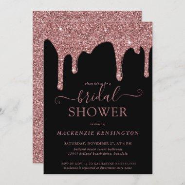 Luxury Black Rose Gold Glitter Drips Bridal Shower Invitations