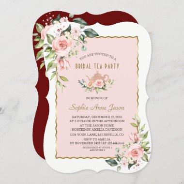 Luxury Blush Floral Gold Frame Bridal Tea Party Invitations