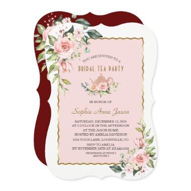 Luxury Blush Floral Gold Frame Bridal Tea Party Invitations