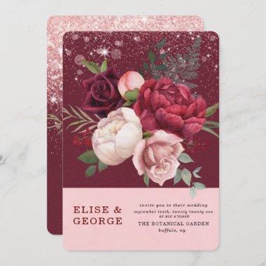 Luxury Burgundy Blush Pink Peony Glitter Wedding Invitations