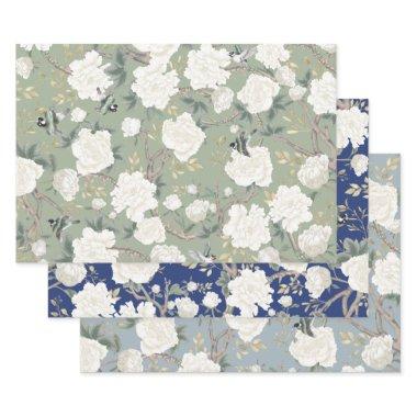 Luxury Chinoiserie Sage Green Ivory Flowers Birds Wrapping Paper Sheets