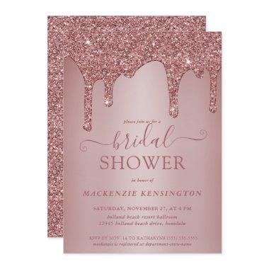 Luxury Glam Rose Gold Glitter Drips Bridal Shower Invitations